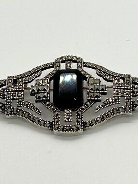 Judith Jack Vintage Art Deco Sterling Silver 925 Black Onyx Marcasite Pin Brooch